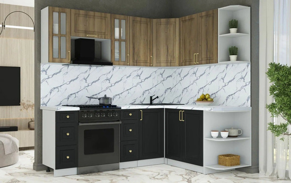 Изображение товара Кухонный гарнитур Интерлиния Мила Шато 1.7x2.2 PR (дуб вотан/черный/белый гранит)