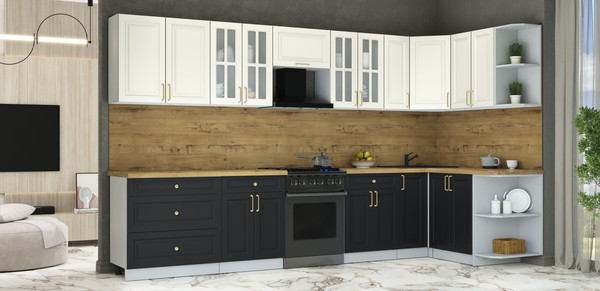 Изображение товара Кухонный гарнитур Интерлиния Мила Шато 1.5x3.5 PR (белый/черный/дуб бунратти)