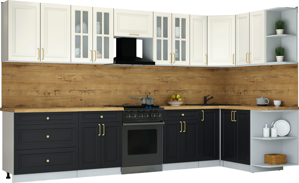 Изображение товара Кухонный гарнитур Интерлиния Мила Шато 1.5x3.5 PR (белый/черный/дуб бунратти)