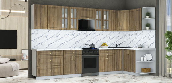 Изображение товара Кухонный гарнитур Интерлиния Мила Шато 1.5x3.5 PR (дуб вотан/дуб вотан/белый гранит)