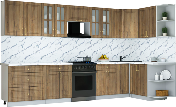 Изображение товара Кухонный гарнитур Интерлиния Мила Шато 1.5x3.5 PR (дуб вотан/дуб вотан/белый гранит)