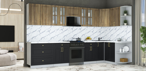 Изображение товара Кухонный гарнитур Интерлиния Мила Шато 1.5x3.5 PR (дуб вотан/черный/белый гранит)