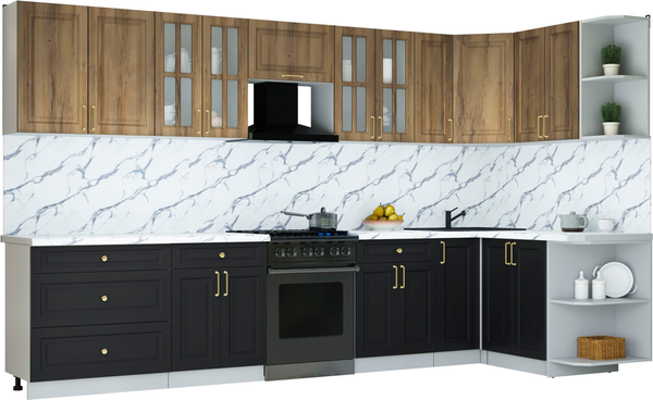 Изображение товара Кухонный гарнитур Интерлиния Мила Шато 1.5x3.5 PR (дуб вотан/черный/белый гранит)
