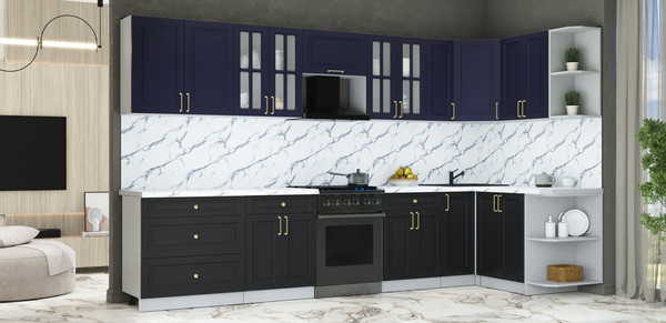 Изображение товара Кухонный гарнитур Интерлиния Мила Шато 1.5x3.5 PR (индиго/черный/белый гранит)