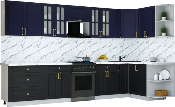 Изображение товара Кухонный гарнитур Интерлиния Мила Шато 1.5x3.5 PR (индиго/черный/белый гранит)