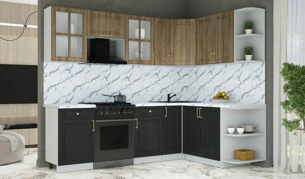 Изображение товара Кухонный гарнитур Интерлиния Мила Шато 1.7x2.5 PR (дуб вотан/черный/белый гранит)
