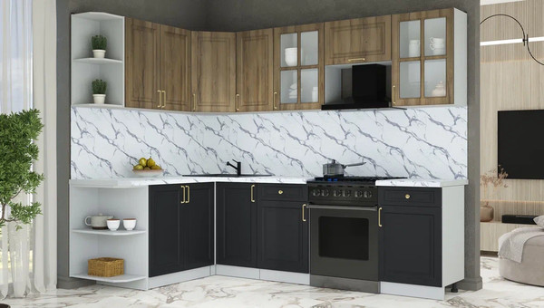 Изображение товара Кухонный гарнитур Интерлиния Мила Шато 1.7x2.6 LV (дуб вотан/черный/белый гранит)