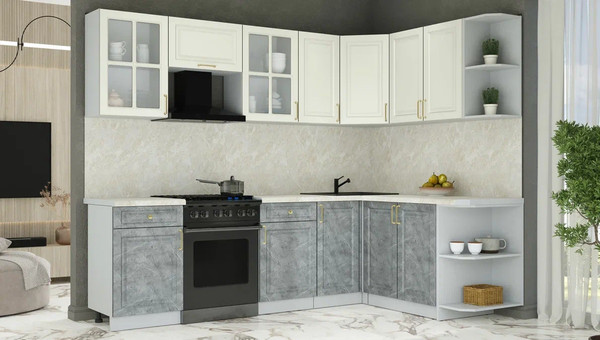 Изображение товара Кухонный гарнитур Интерлиния Мила Шато 1.7x2.6 PR (белый/керамика/опал светлый)