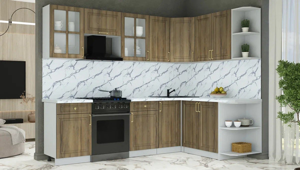 Изображение товара Кухонный гарнитур Интерлиния Мила Шато 1.7x2.6 PR (дуб вотан/дуб вотан/белый гранит)