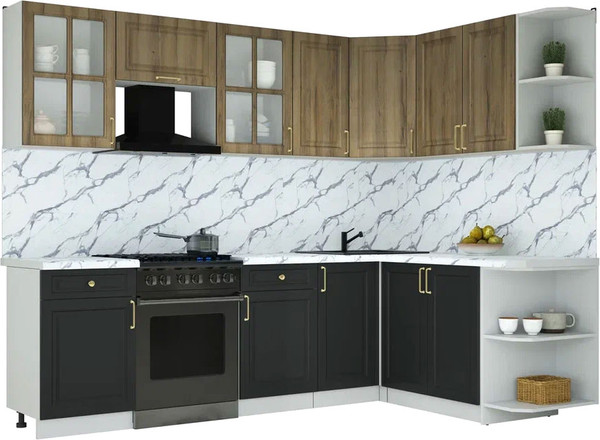 Изображение товара Кухонный гарнитур Интерлиния Мила Шато 1.7x2.6 PR (дуб вотан/черный/белый гранит)