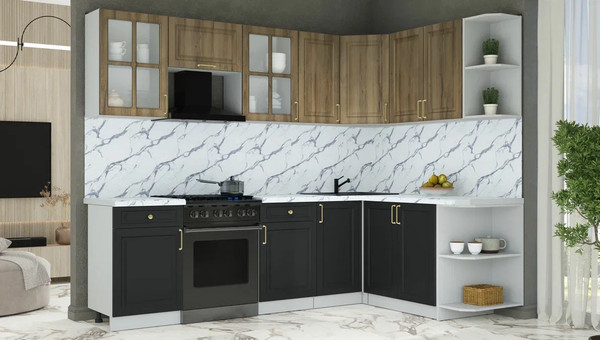 Изображение товара Кухонный гарнитур Интерлиния Мила Шато 1.7x2.6 PR (дуб вотан/черный/белый гранит)