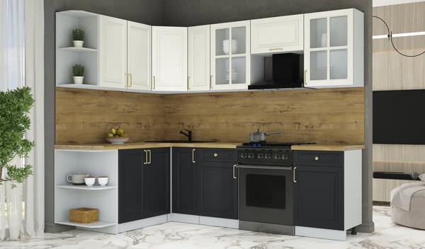 Изображение товара Кухонный гарнитур Интерлиния Мила Шато 1.7x2.5 LV (белый/черный/дуб бунратти)