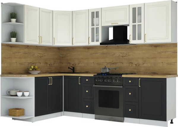 Изображение товара Кухонный гарнитур Интерлиния Мила Шато 1.7x2.7 LV (белый/черный/дуб бунратти)