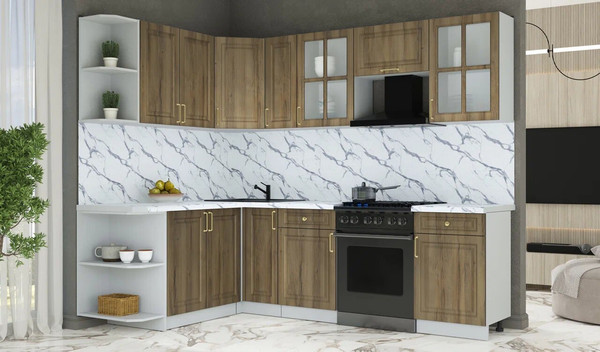 Изображение товара Кухонный гарнитур Интерлиния Мила Шато 1.7x2.5 LV (дуб вотан/дуб вотан/белый гранит)