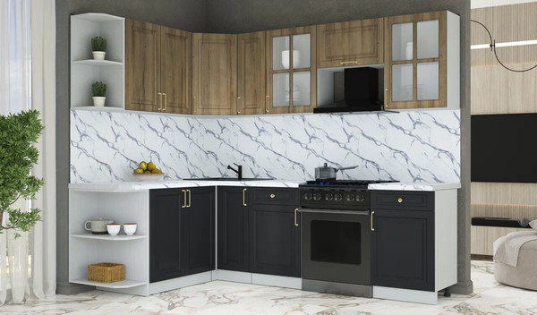 Изображение товара Кухонный гарнитур Интерлиния Мила Шато 1.7x2.5 LV (дуб вотан/черный/белый гранит)