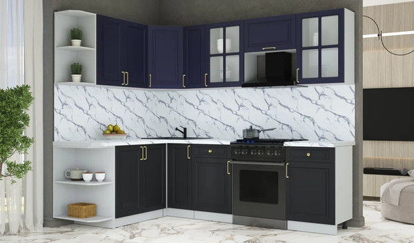 Изображение товара Кухонный гарнитур Интерлиния Мила Шато 1.7x2.5 LV (индиго/черный/белый гранит)