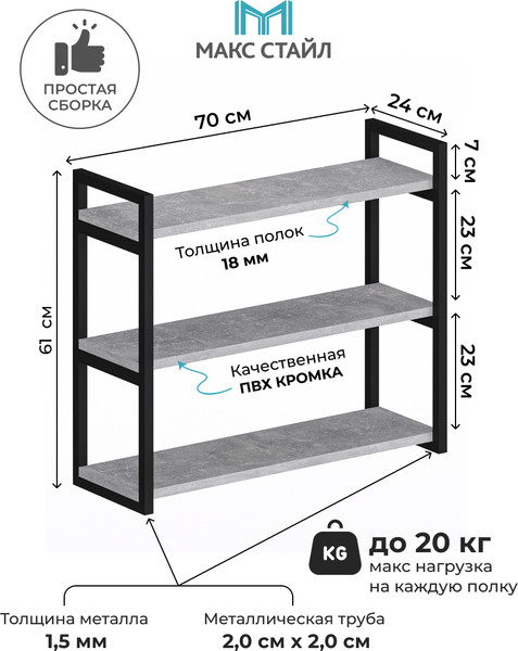 Изображение товара Полка Макс Стайл Пн700-3 (бетон темный)