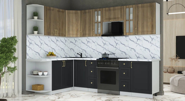 Изображение товара Кухонный гарнитур Интерлиния Мила Шато 1.7x2.7 LV (дуб вотан/черный/белый гранит)