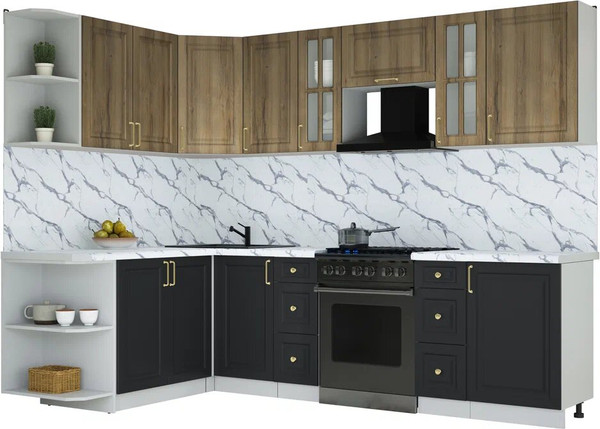 Изображение товара Кухонный гарнитур Интерлиния Мила Шато 1.7x2.7 LV (дуб вотан/черный/белый гранит)