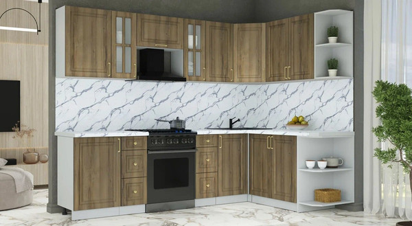 Изображение товара Кухонный гарнитур Интерлиния Мила Шато 1.7x2.7 PR (дуб вотан/дуб вотан/белый гранит)