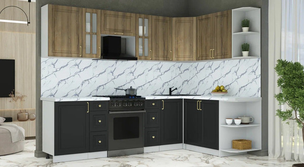 Изображение товара Кухонный гарнитур Интерлиния Мила Шато 1.7x2.7 PR (дуб вотан/черный/белый гранит)