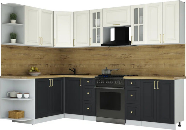 Изображение товара Кухонный гарнитур Интерлиния Мила Шато 1.7x2.8 LV (белый/черный/дуб бунратти)