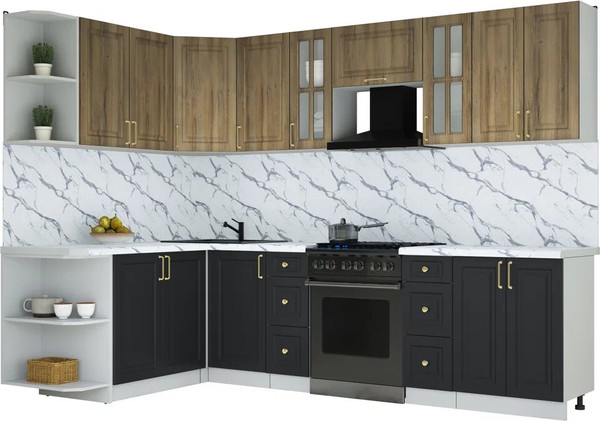 Изображение товара Кухонный гарнитур Интерлиния Мила Шато 1.7x2.8 LV (дуб вотан/черный/белый гранит)