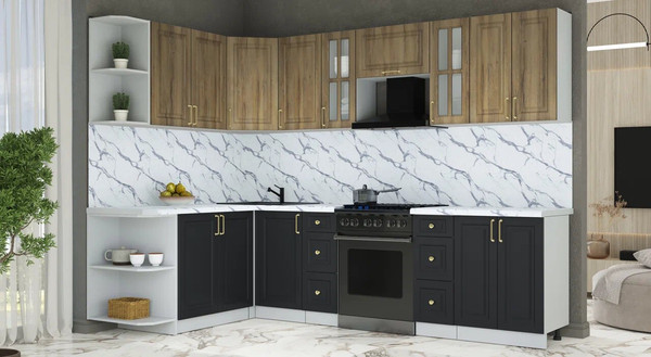 Изображение товара Кухонный гарнитур Интерлиния Мила Шато 1.7x2.8 LV (дуб вотан/черный/белый гранит)