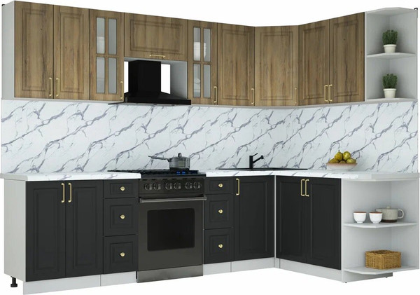 Изображение товара Кухонный гарнитур Интерлиния Мила Шато 1.7x2.8 PR (дуб вотан/черный/белый гранит)