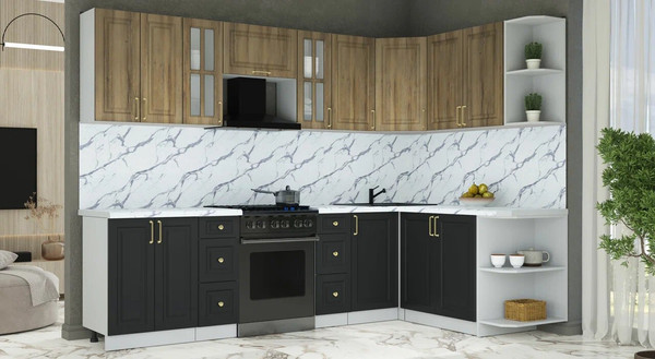 Изображение товара Кухонный гарнитур Интерлиния Мила Шато 1.7x2.8 PR (дуб вотан/черный/белый гранит)