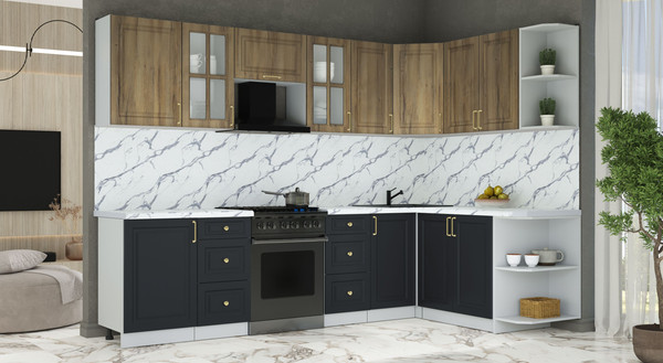 Изображение товара Кухонный гарнитур Интерлиния Мила Шато 1.7x2.9 PR (дуб вотан/черный/белый гранит)