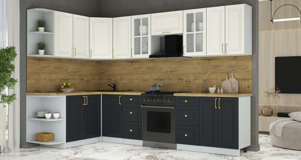 Изображение товара Кухонный гарнитур Интерлиния Мила Шато 1.7x3.0 LV (белый/черный/дуб бунратти)