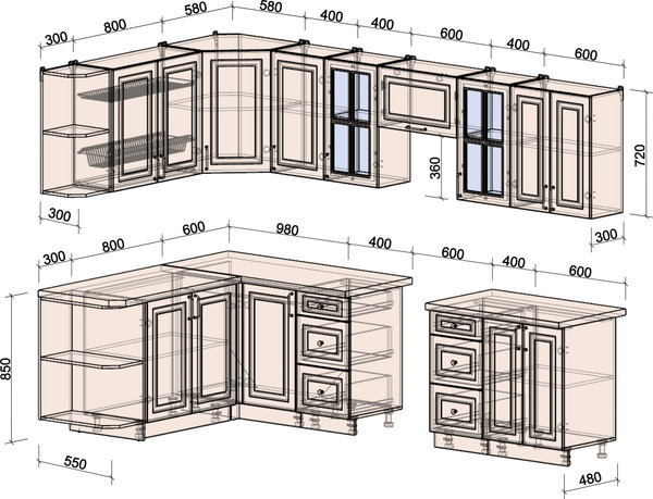Изображение товара Кухонный гарнитур Интерлиния Мила Шато 1.7x3.0 LV (дуб вотан/дуб вотан/белый гранит)