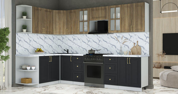 Изображение товара Кухонный гарнитур Интерлиния Мила Шато 1.7x3.0 LV (дуб вотан/черный/белый гранит)