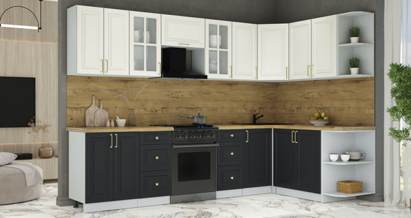 Изображение товара Кухонный гарнитур Интерлиния Мила Шато 1.7x3.0 PR (белый/черный/дуб бунратти)