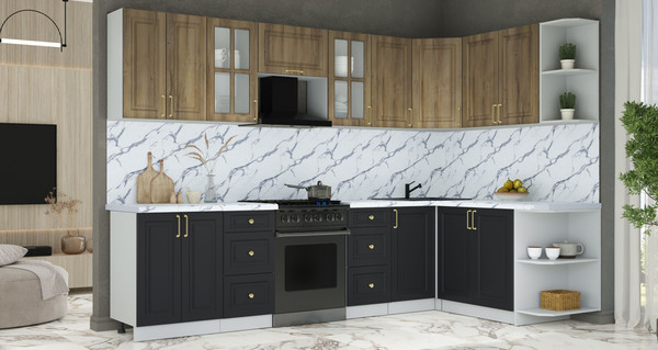 Изображение товара Кухонный гарнитур Интерлиния Мила Шато 1.7x3.0 PR (дуб вотан/черный/белый гранит)