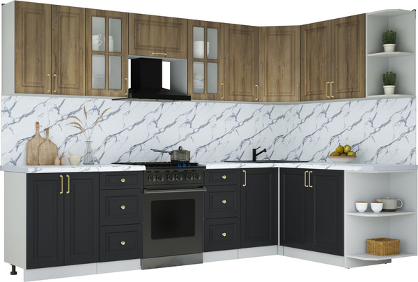 Изображение товара Кухонный гарнитур Интерлиния Мила Шато 1.7x3.0 PR (дуб вотан/черный/белый гранит)