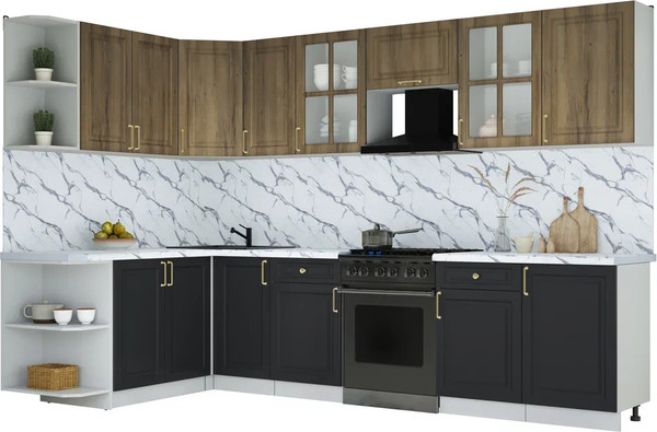 Изображение товара Кухонный гарнитур Интерлиния Мила Шато 1.7x3.1 LV (дуб вотан/черный/белый гранит)