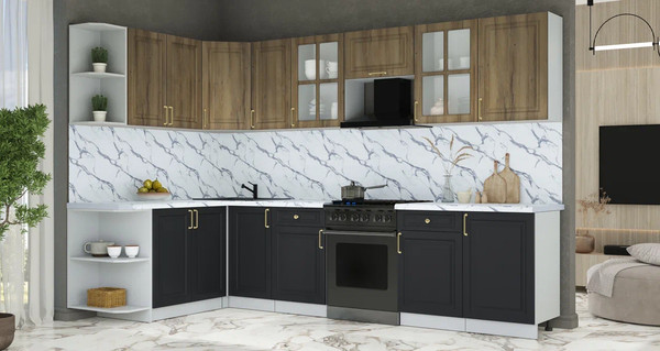 Изображение товара Кухонный гарнитур Интерлиния Мила Шато 1.7x3.1 LV (дуб вотан/черный/белый гранит)