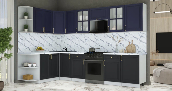 Изображение товара Кухонный гарнитур Интерлиния Мила Шато 1.7x3.1 LV (индиго/черный/белый гранит)