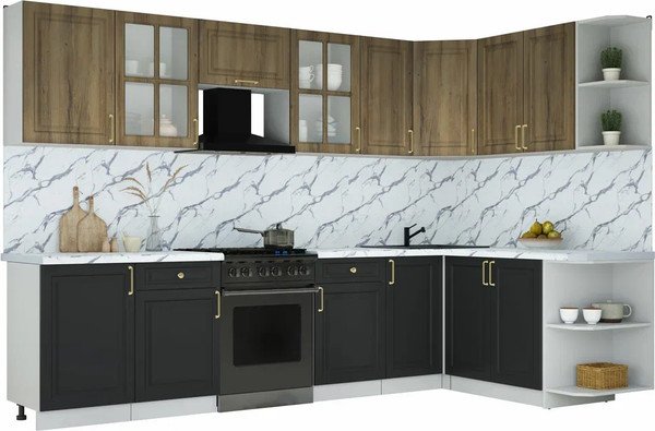 Изображение товара Кухонный гарнитур Интерлиния Мила Шато 1.7x3.1 PR (дуб вотан/черный/белый гранит)