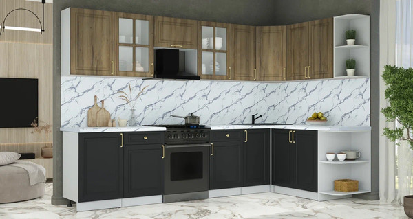 Изображение товара Кухонный гарнитур Интерлиния Мила Шато 1.7x3.1 PR (дуб вотан/черный/белый гранит)