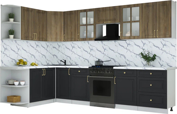 Изображение товара Кухонный гарнитур Интерлиния Мила Шато 1.7x3.2 LV (дуб вотан/черный/белый гранит)