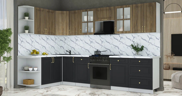 Изображение товара Кухонный гарнитур Интерлиния Мила Шато 1.7x3.2 LV (дуб вотан/черный/белый гранит)