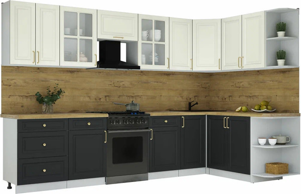 Изображение товара Кухонный гарнитур Интерлиния Мила Шато 1.7x3.2 PR (белый/черный/дуб бунратти)