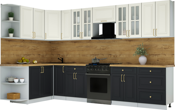 Изображение товара Кухонный гарнитур Интерлиния Мила Шато 1.7x3.3 LV (белый/черный/дуб бунратти)