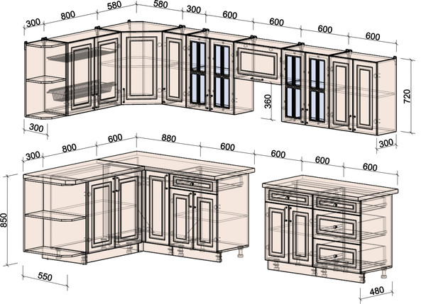 Изображение товара Кухонный гарнитур Интерлиния Мила Шато 1.7x3.3 LV (дуб вотан/луна/опал светлый)