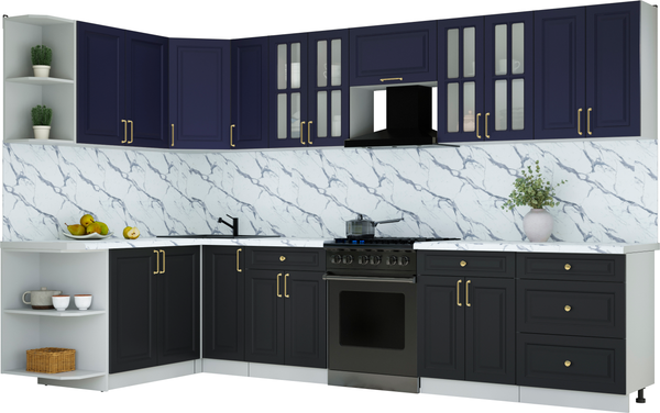 Изображение товара Кухонный гарнитур Интерлиния Мила Шато 1.7x3.3 LV (индиго/черный/белый гранит)