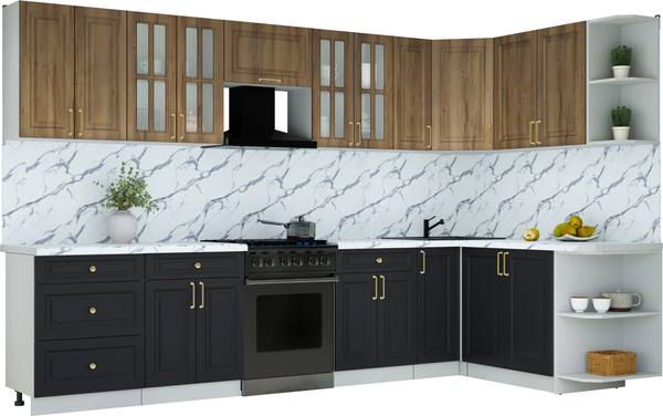 Изображение товара Кухонный гарнитур Интерлиния Мила Шато 1.7x3.3 PR (дуб вотан/черный/белый гранит)