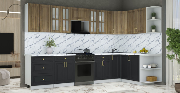 Изображение товара Кухонный гарнитур Интерлиния Мила Шато 1.7x3.3 PR (дуб вотан/черный/белый гранит)